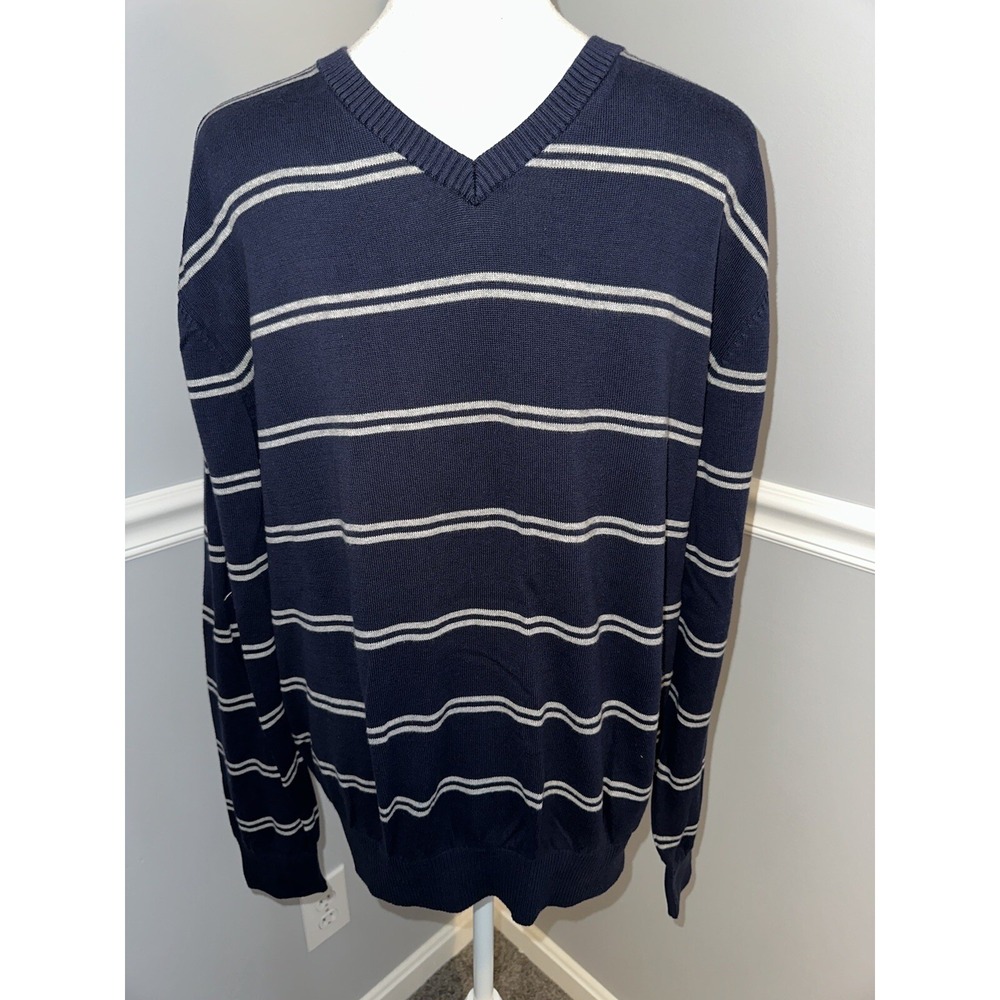 Tommy Hilfiger Sweater Mens LG striped long sleeve v-neck blue